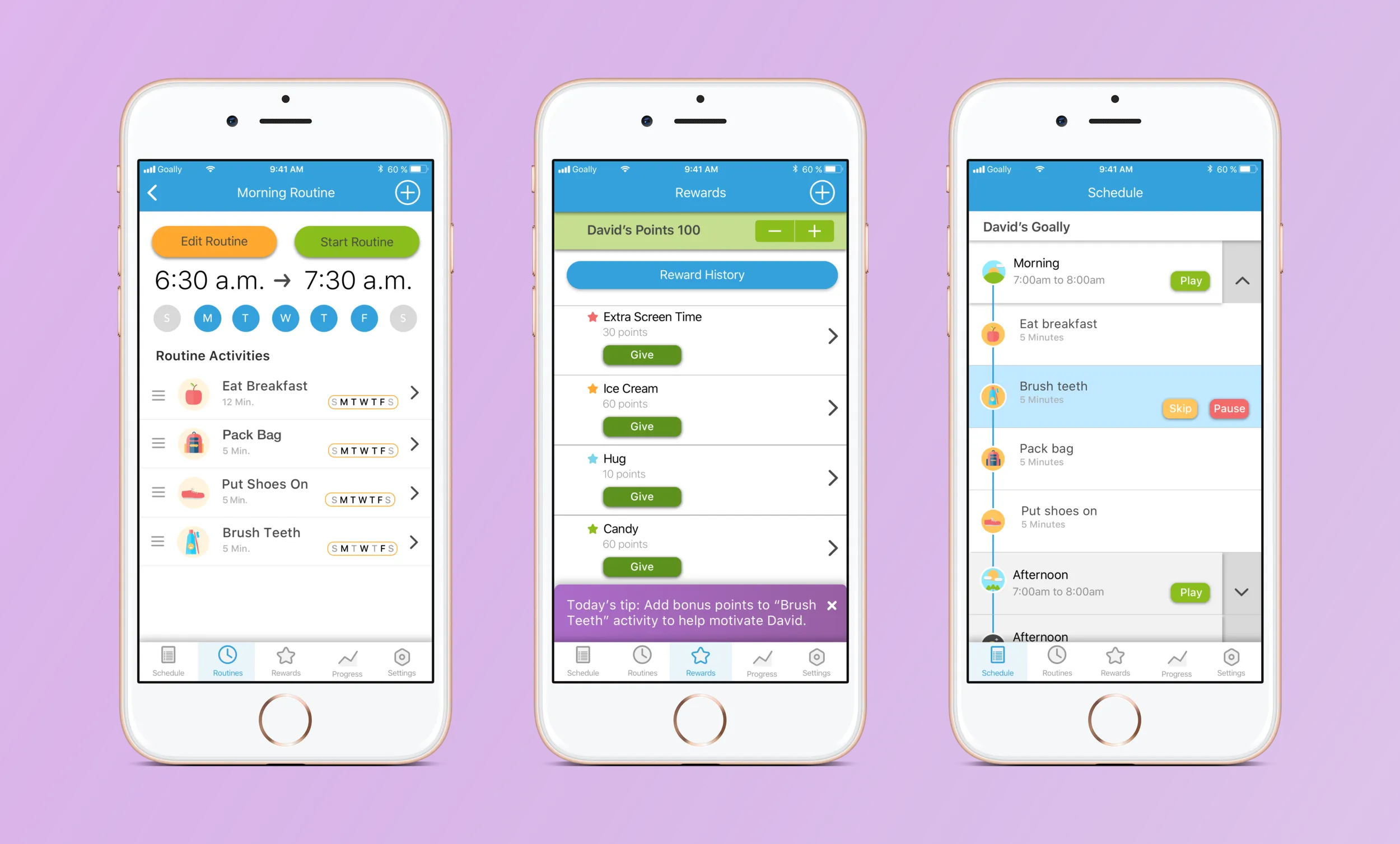 The parent app suite across three screens: routine editing, rewards history, and the full weekly schedule. Three very different jobs built on a single navigation model.
