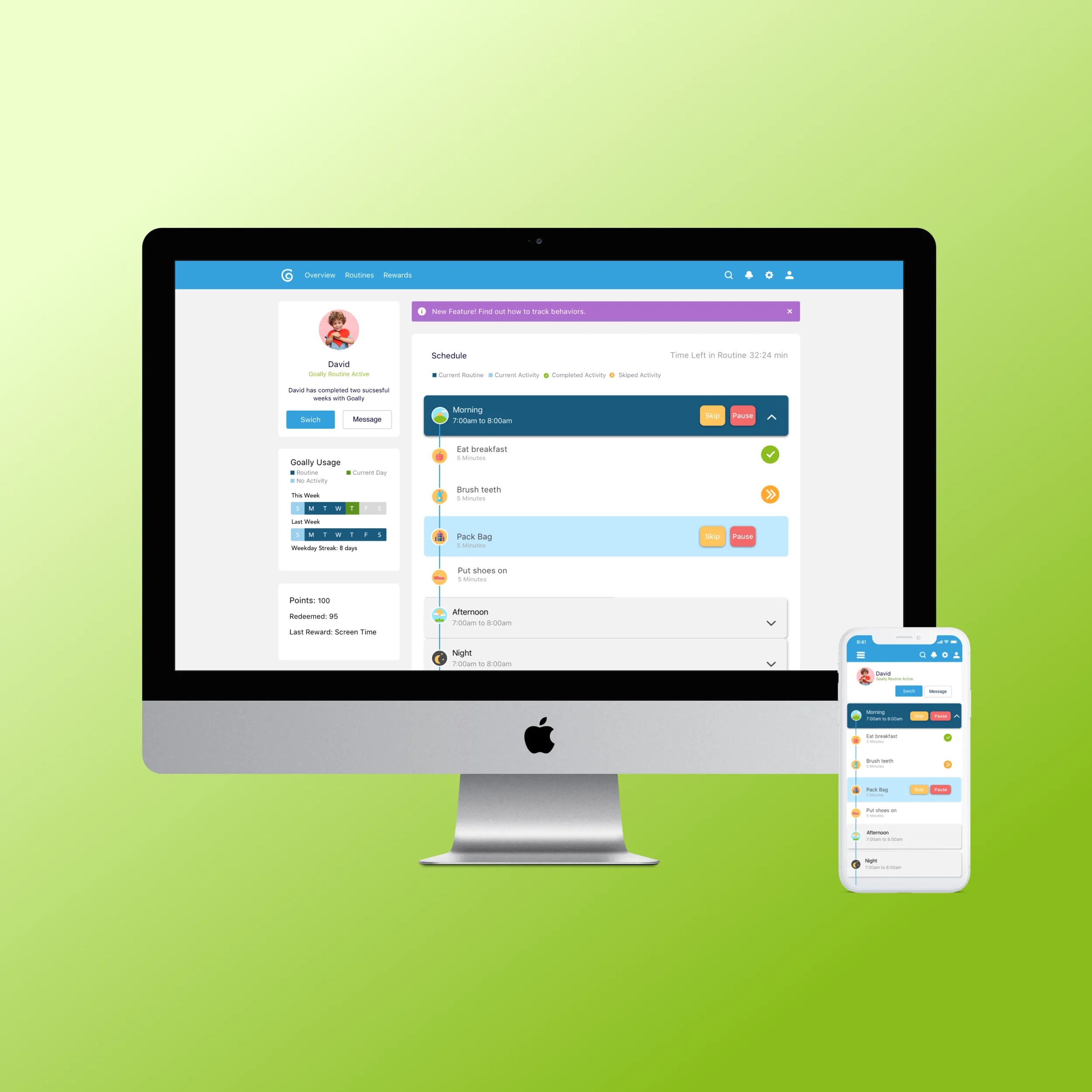 The parent web dashboard alongside the mobile app, showing a child's schedule and usage stats. The system had to hold together across screen sizes without the child's experience degrading — every cross-platform decision was made against that bar.