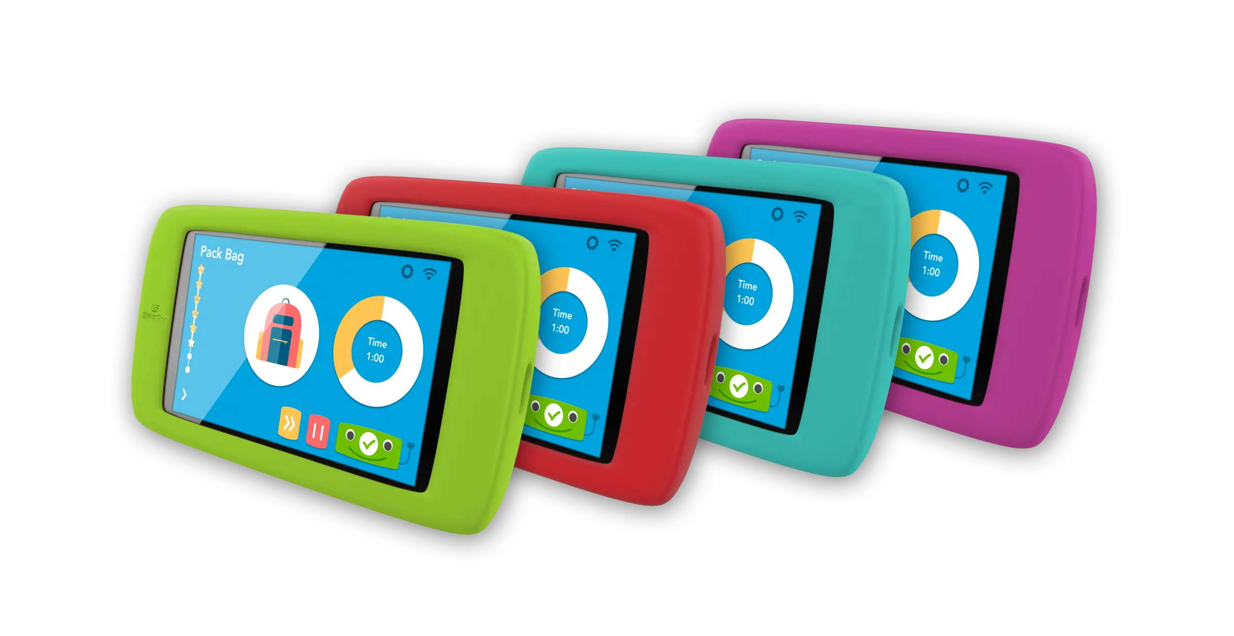 The child device in four color options, each in a rubber bumper case. The locked-down, single-app constraint meant the entire screen could focus on one thing at a time.