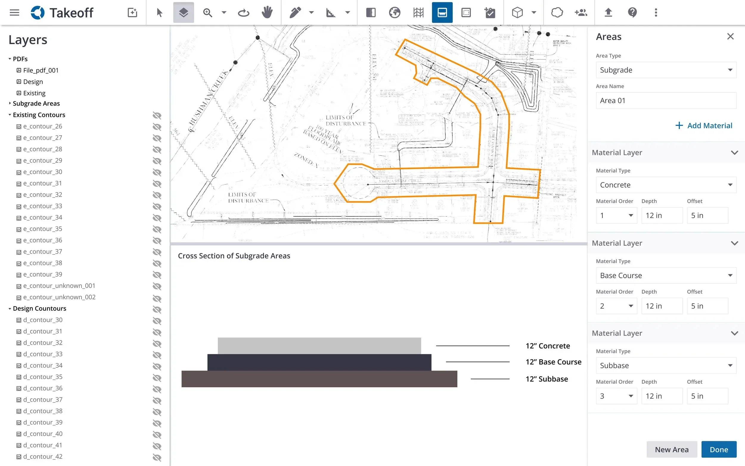 Trimble Takeoff with the subgrade area markup active on a construction site plan, material layers panel showing concrete, base course, and subbase depths