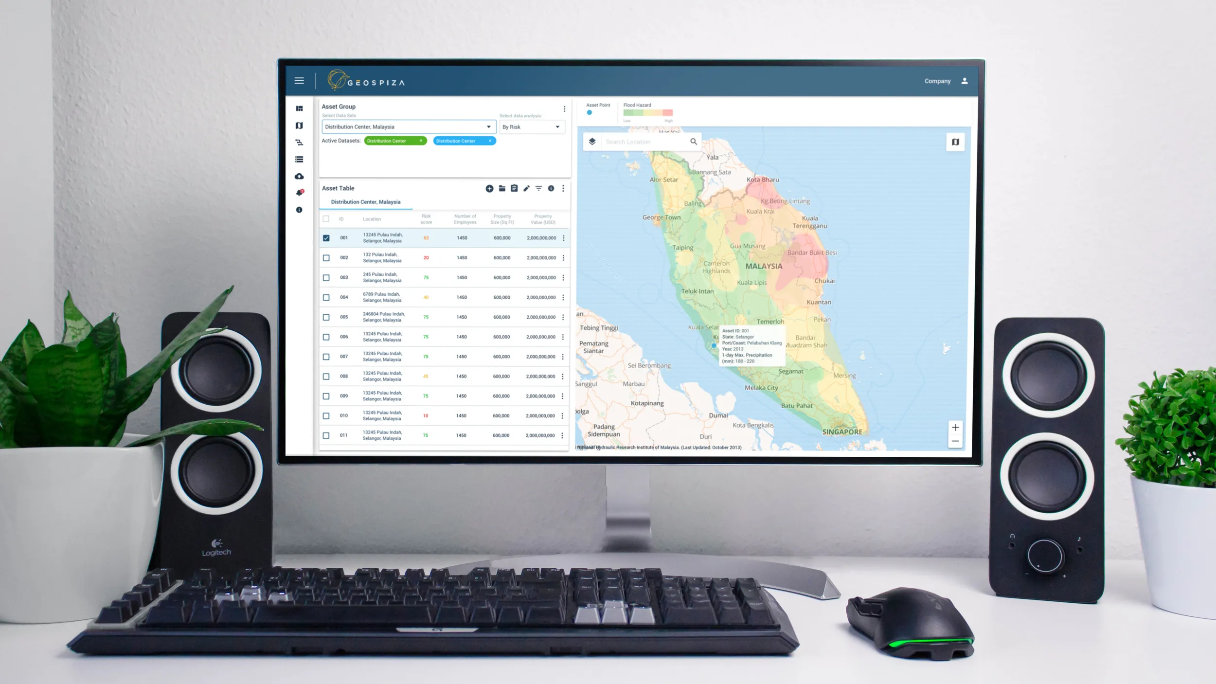 Geospiza PATH climate-risk platform showing property risk data on a map