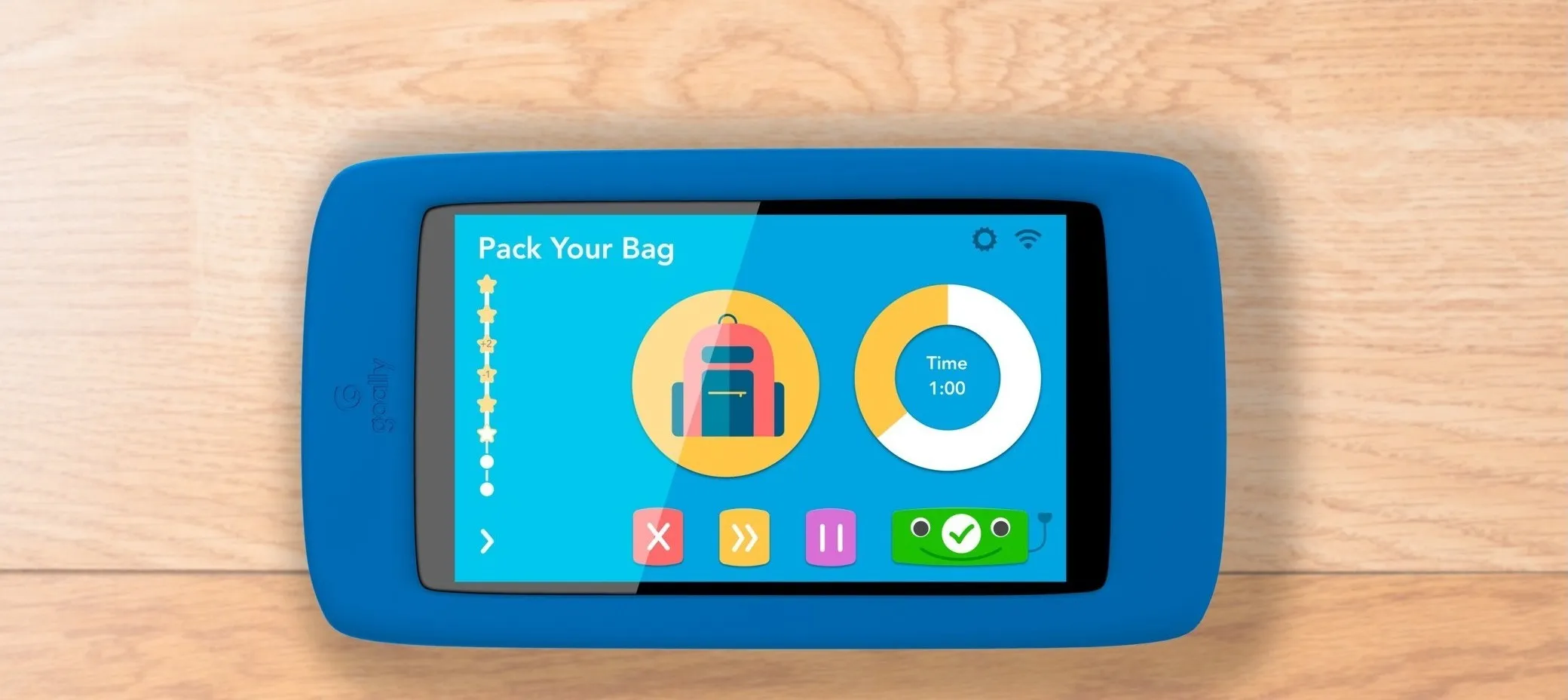 The Goally child-facing tablet showing a Pack Your Bag routine task