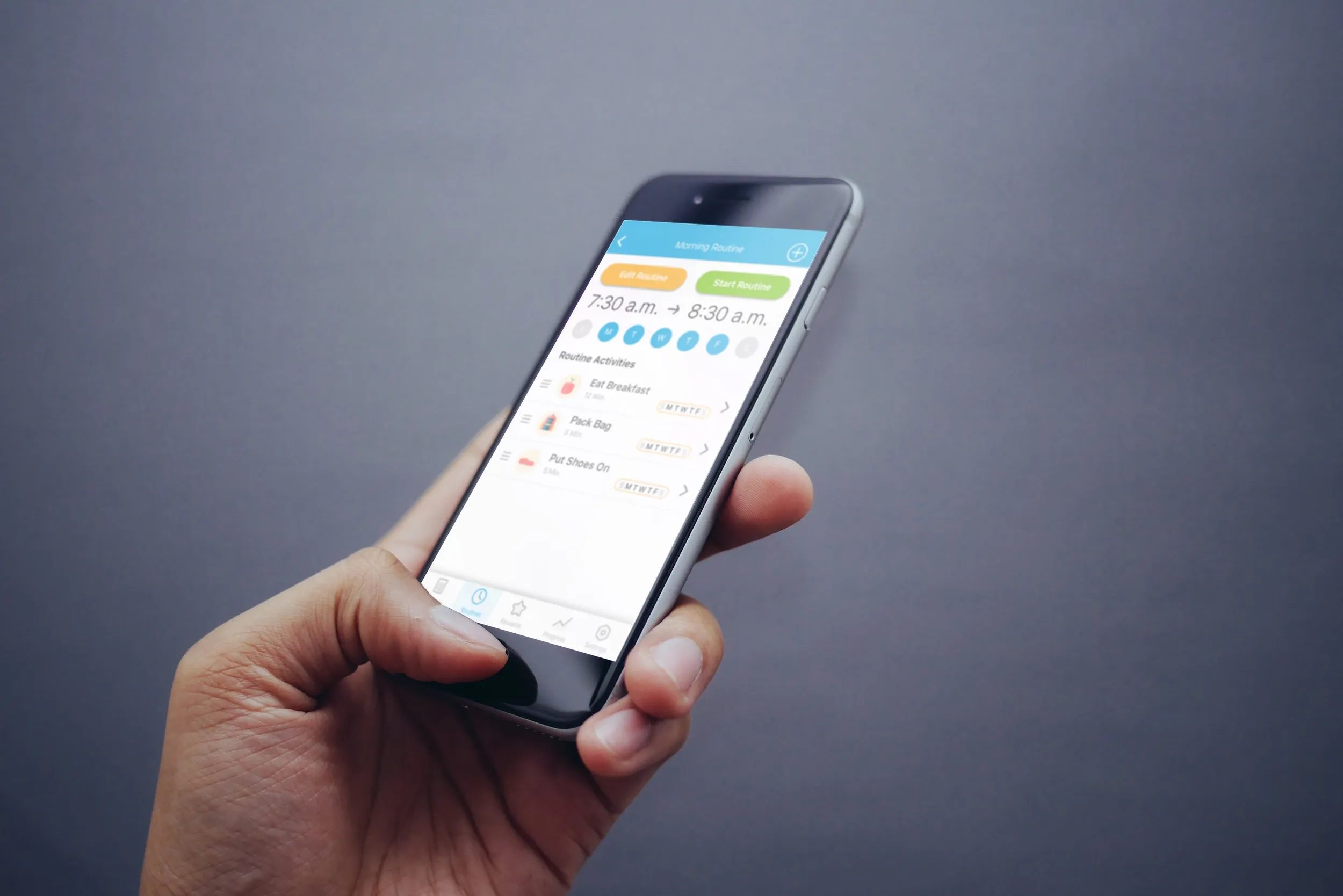 The MyGoally parent app on iPhone showing a Morning Routine with start time, active days, and routine activities
