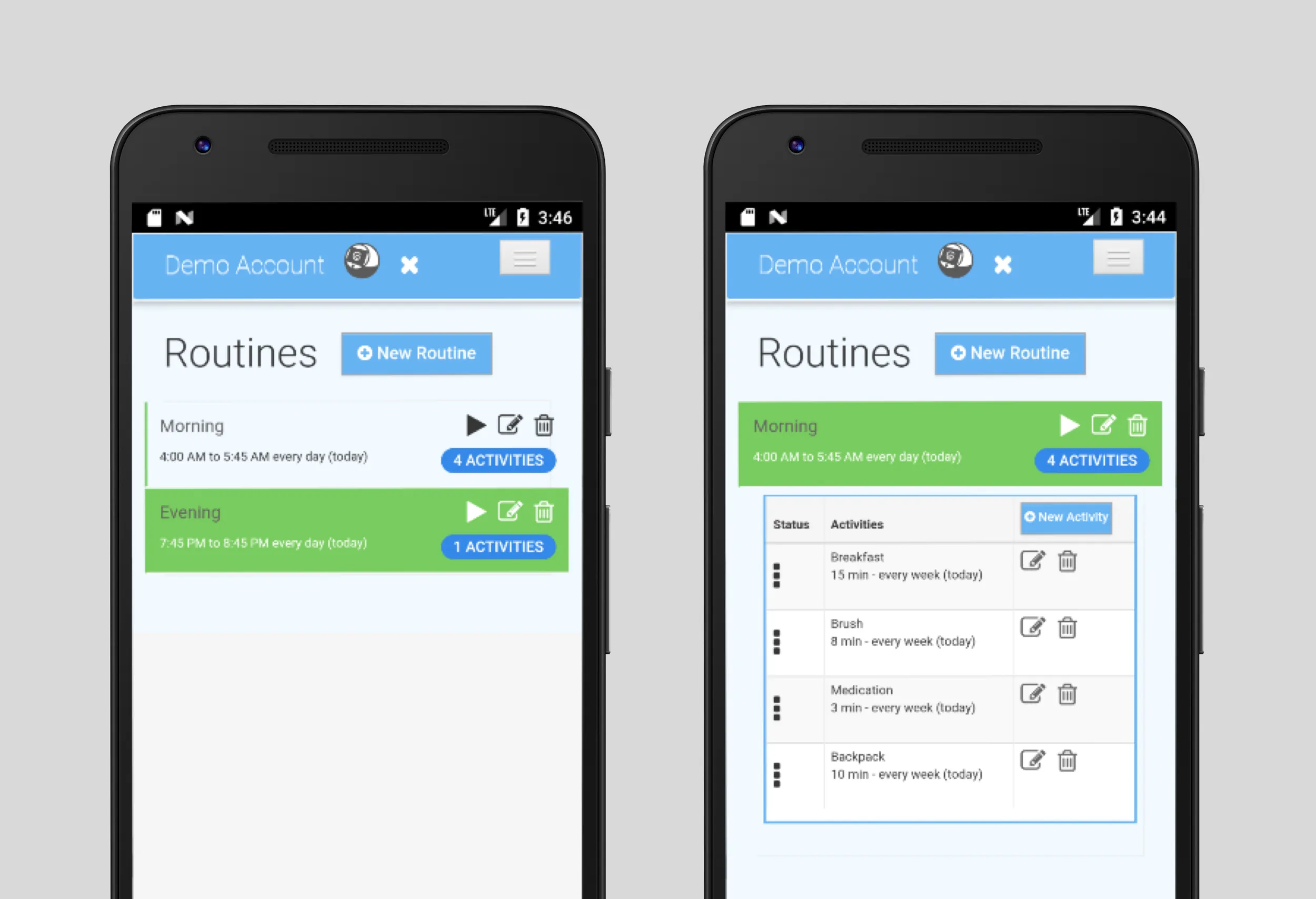 Early V1 Android parent app showing the Routines list and expanded activity drawer. The interaction model worked but the configuration flow assumed more patience than parents at 6am actually have.