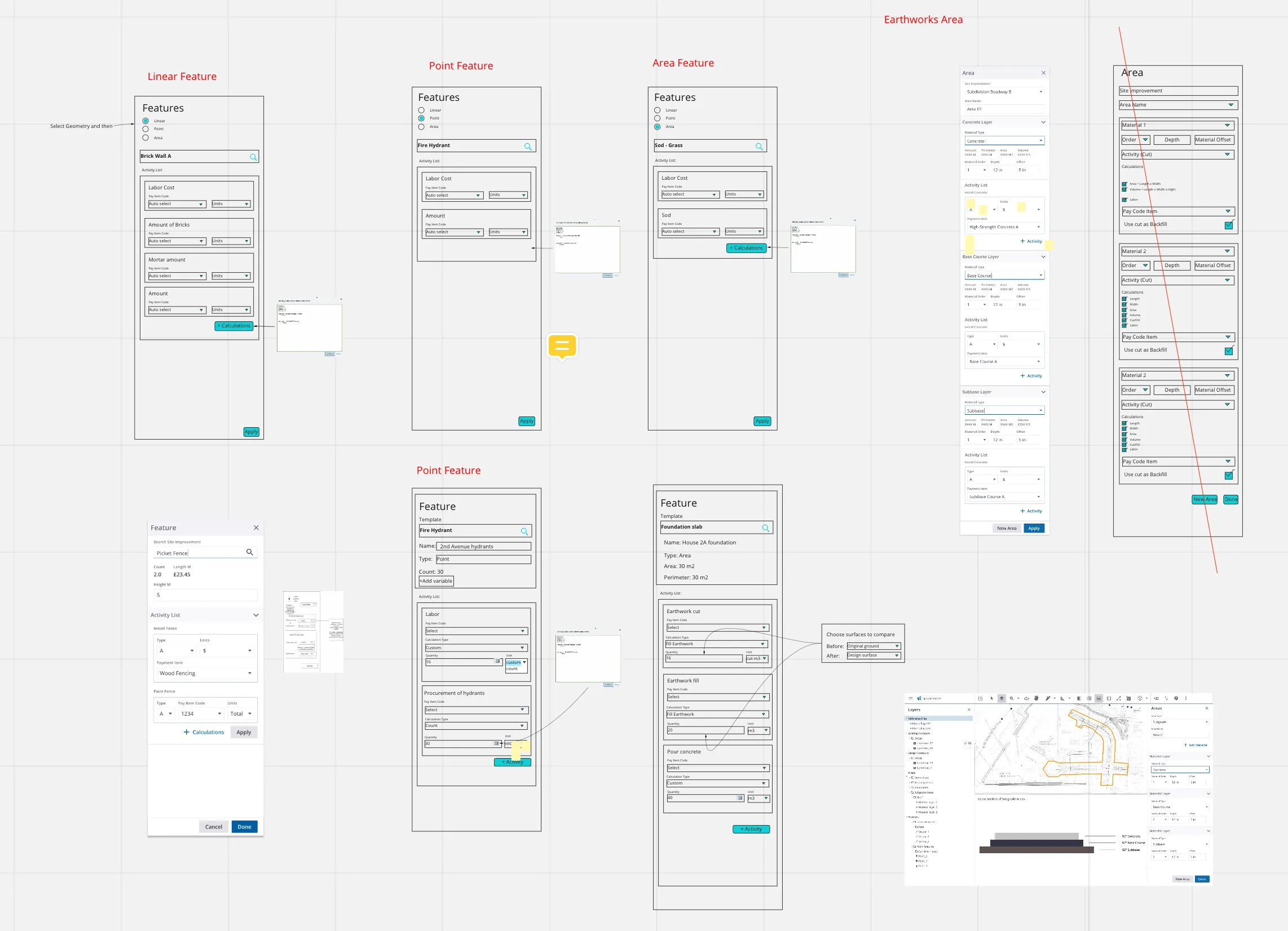 Figma explorations of the linear, point, area, and earthworks feature panels for the Site Improvements toolbar